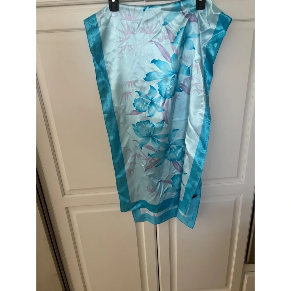 Hanmei Blue Tropical Floral Satin Scarf Rectangular Lily Print Aqua Accessory